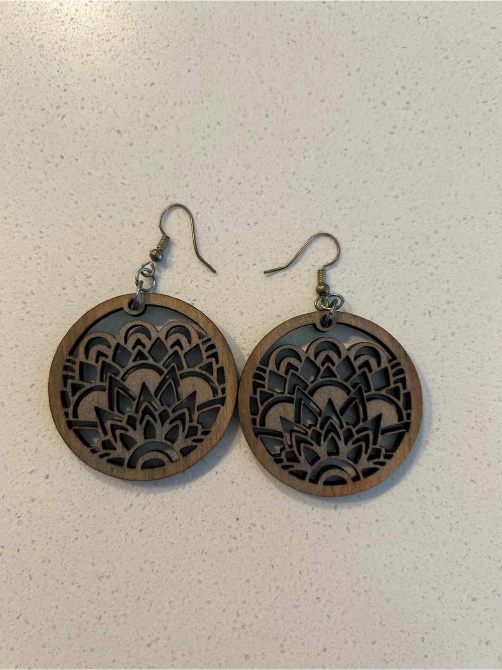 Round Wooden Lotus Dangle Earrings - Brown